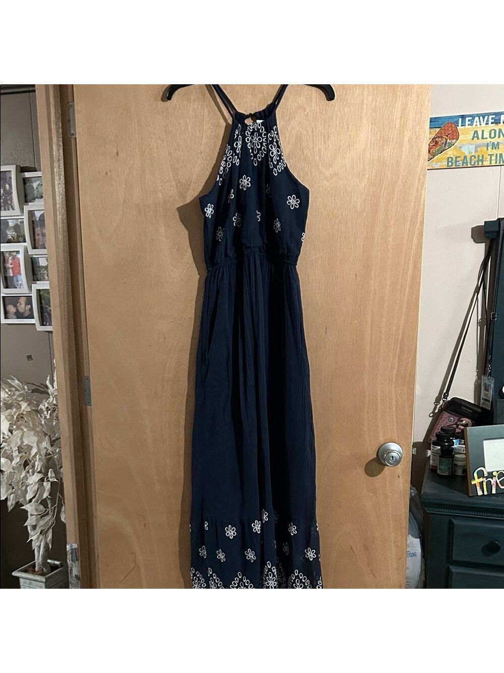 Old Navy Dark Blue Maxi Dress with White Floral Accents